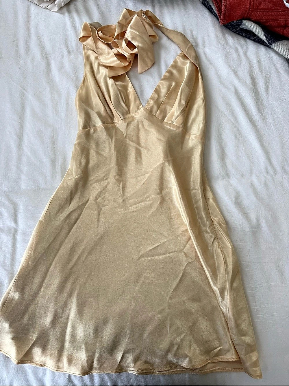 Hello Molly Mini Satin-Look Halter Dress in Cream Size XS